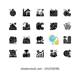 Global warming black glyph icons set on white space. Making climate change. Humanity problems solving. Planet damaging with reducing life resources. Silhouette symbols. Vector isolated illustration