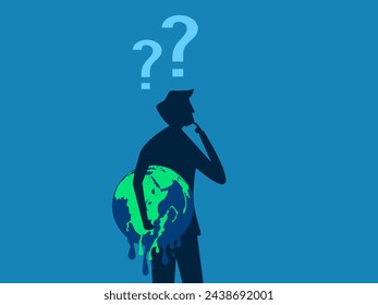 Global warming. Businessman holding earth melting thinking about solution 