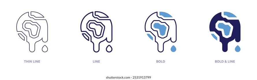 Icono de las emisiones de carbono del calentamiento global en 4 estilos diferentes. Línea delgada, línea, negrita y línea negrita. Estilo duotono. Trazo editable.