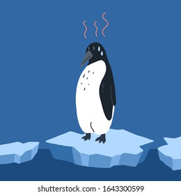 Global warming. Cartoon doodle illustration of a sad fries penguin on melting cracked ice with water drops. World problem. The threat of extinction of rare animals. Vector card for your creativity