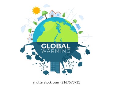 Global Warming Cartoon Style Illustration with Planet Earth in a Melting or Burning State and Image Sun to Prevent Damage to Nature and Climate Change