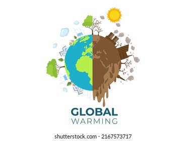 Global Warming Cartoon Style Illustration with Planet Earth in a Melting or Burning State and Image Sun to Prevent Damage to Nature and Climate Change