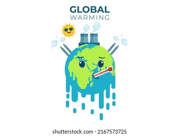 Global Warming Cartoon Style Illustration with Planet Earth in a Melting or Burning State and Image Sun to Prevent Damage to Nature and Climate Change