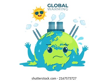 Global Warming Cartoon Style Illustration with Planet Earth in a Melting or Burning State and Image Sun to Prevent Damage to Nature and Climate Change