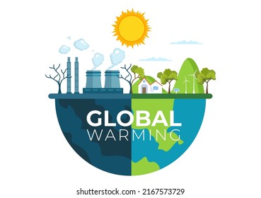 Global Warming Cartoon Style Illustration with Planet Earth in a Melting or Burning State and Image Sun to Prevent Damage to Nature and Climate Change