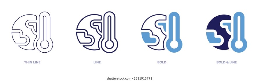 El calentamiento global causa íconos en 4 estilos diferentes. Línea delgada, línea, negrita y línea negrita. Estilo duotono. Trazo editable.