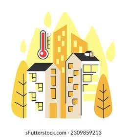 Global warming causing climate change and abnormal heat waves. Dangerously high temperature in the cityscape. Skyscrapers and buildings on fire. Flat vector illustration