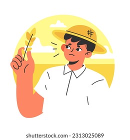 Global warming causing climate change and abnormal heat waves, desertification and drought. Farmer looks at the withered crops. Agricultural problem. Flat vector illustration