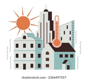 Global warming causing climate change and abnormal heat waves. Dangerously high temperature in the cityscape. Skyscrapers and buildings. Flat vector illustration