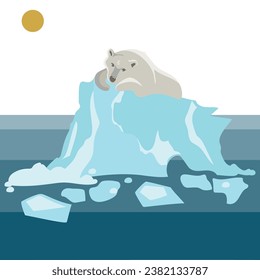 Global warming and Changing of the climate concept. A polar bear lies on a melting glacier under full sun in the middle of the ocean. Vector illustration. Save the planet