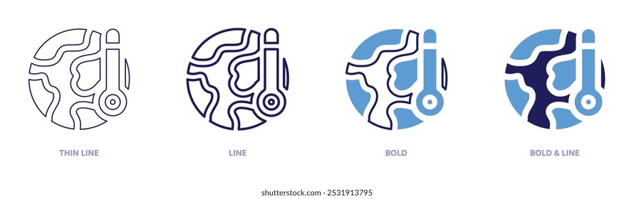 Icono de gráficos de calentamiento global en 4 estilos diferentes. Línea delgada, línea, negrita y línea negrita. Estilo duotono. Trazo editable.