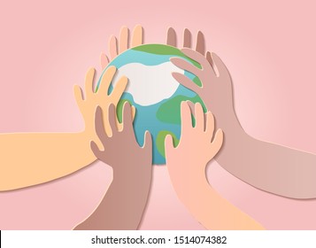 Globale Erwärmung, Konzept-Illustration des Klimawandels. Der Planet Erde ist umgeben von Pflegepersonen. Vektorillustration im Flachstil aus Papier.