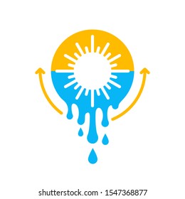 Global warming or climate change concept - sun heating water with melting drops - global problem illustration - isolated vector icon