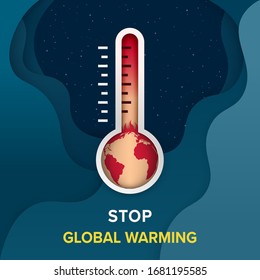 Global warming and climate change concept. Burning Earth planet inside a thermometer on a space background with waves effect and stars. Vector Illustration.