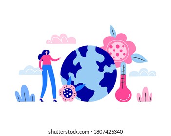 Global warming, climate change concept illustration. Tiny woman character, Earth planet and meteorology thermometer isolated on white background.