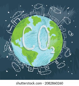 Global Warming and Climate Change Concept. Carbon dioxide emissions reduction in the city. Vector concept of ecology problem, generation and saving green energy.