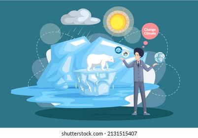 Global Warming, Climate Change Concept, Problem Of Melting Glaciers. Polar Bear On Ice Floe Flat Illustration, Sea Level Rise, Nature Damage. Scientist Talks About Anxiety About State Of Environment