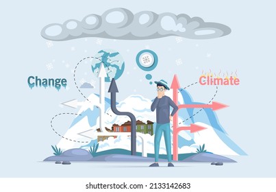 Global Warming, Climate Change Concept, Problem Of Melting Glaciers, Temperature Rises On Planet, Sea Level Rise, Nature Damage. Scientist Thinks About Anxiety State Of Environment Climate Catastrophe