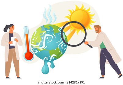 Global Warming, Climate Change Concept. Scientists Study Change In Temperature On Earth. People Make Analysis Of Ecology And Environment Of Planet. Scientific Research Overheating Of Globe Surface