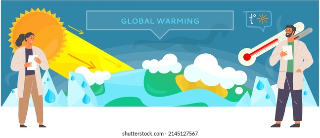 Global Warming, Climate Change Concept. Scientists Study Change In Temperature On Earth. People Make Analysis Of Ecology And Environment Of Planet. Scientific Research With Melting Glaciers