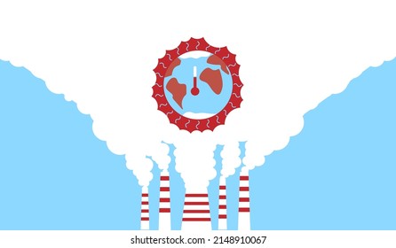 Global warming climate change concept. Planet earth with thermometer inside of CO2 gas produced by power plant. Vector
