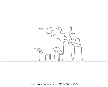 Global warming and climate change concept in line art drawing style. Composition of polluting emissions from a factory. Black linear sketch isolated on white background. Vector illustration design.