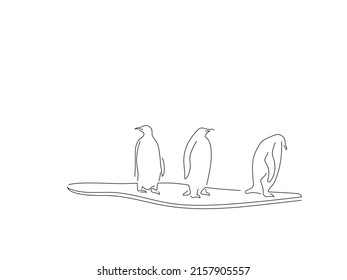 Global warming and climate change concept in line art drawing style. Composition of penguins surviving. Black linear sketch isolated on white background. Vector illustration design.