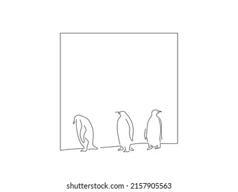 El calentamiento global y el cambio climático en el estilo de dibujo en línea. Composición de pingüinos sobreviviendo. Esbozo lineal negro aislado sobre fondo blanco. Diseño de ilustración vectorial.