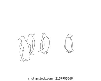El calentamiento global y el cambio climático en el estilo de dibujo en línea. Composición de pingüinos sobreviviendo. Esbozo lineal negro aislado sobre fondo blanco. Diseño de ilustración vectorial.