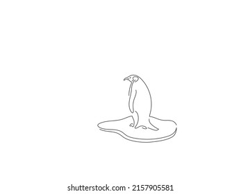 El calentamiento global y el cambio climático en el estilo de dibujo en línea. Composición de pingüinos sobreviviendo. Esbozo lineal negro aislado sobre fondo blanco. Diseño de ilustración vectorial.