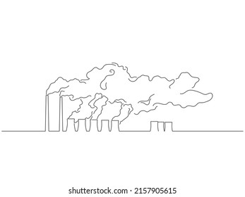 Global warming and climate change concept in line art drawing style. Composition of polluting emissions from a factory. Black linear sketch isolated on white background. Vector illustration design.