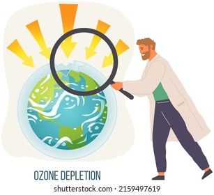 Global Warming, Climate Change Concept. Scientist With Magnifying Glass Studies Ozone Layer Depletion. Man Makes Analysis Of Ecology And Environment Of Planet. Scientific Study Of Earth Ozone Layer