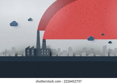 El calentamiento global y el concepto de cambio climático.La contaminación atmosférica procedente de fábricas y las emisiones de CO2 con antecedentes urbanos.Papel artístico del concepto de ecología y medio ambiente.Ilustración de vectores.