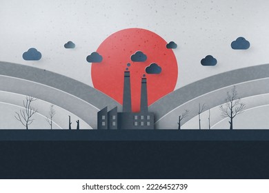 Global warming and climate change concept.Air pollution from factories and CO2 emissions with mountains landscape background.Paper art of ecology and environment concept.Vector illustration.