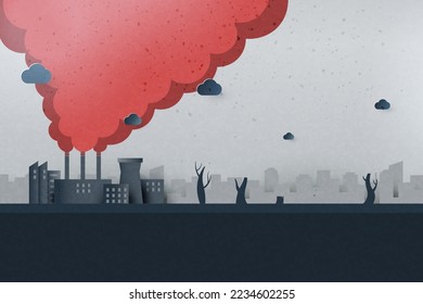 El calentamiento del planeta y el cambio climático. La contaminación atmosférica procedente de las fábricas y las emisiones de CO2 en segundo plano.El papel es un arte de la ecología y el medio ambiente.Ilustración de vectores.