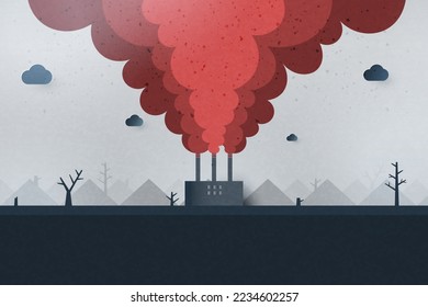 Global warming and climate change concept.Air pollution from factories and CO2 emissions with mountains landscape background.Paper art of ecology and environment concept.Vector illustration.