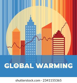 Global warming, climate change concept with city buildings on sunset half drowned in water on warming strikes background. Global temperature rising graph. Sea level rising. Flat vector illustration 