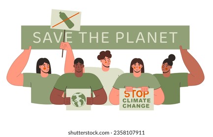 Konzept für globale Erwärmung und Klimawandel. Gruppe von Menschen, die Plakate halten und gegen Luftverschmutzung und Klimawandel protestieren. Retten Sie den Planeten, Vektorgrafik.  