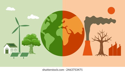 Global warming and climate change concept. Half world of polluted and green environment background. Ecology and environment concept vector illustration.