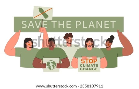 Global Warming and Climate Change Concept. Group of people holding placards and Protesting against air pollution and climate change. Save the planet vector flat illustration.  