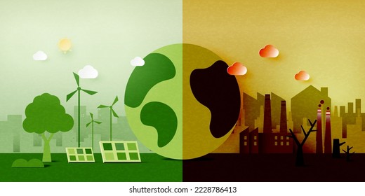 El calentamiento del planeta y el cambio climático. Medio mundo de fondo ambiental contaminado y verde.Papel artístico del concepto de ecología y medio ambiente.Ilustración de vectores