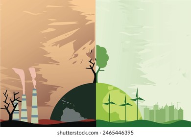 Concepto de calentamiento global y cambio climático.Medio mundo de fondo ambiental contaminado y verde.Arte en papel de ecología y concepto de ola de calor ambiental.Ilustración vectorial.