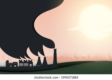 Global warming and climate change concept.Industry chimney pollution with smoke in environment.Environment landing page website template background.Paper art vector illustration.