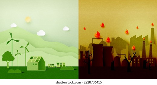 El calentamiento de la Tierra y el cambio climático. La contaminación y el medio ambiente. El papel en el arte de la ecología y el medio ambiente.Ilustración de vectores.