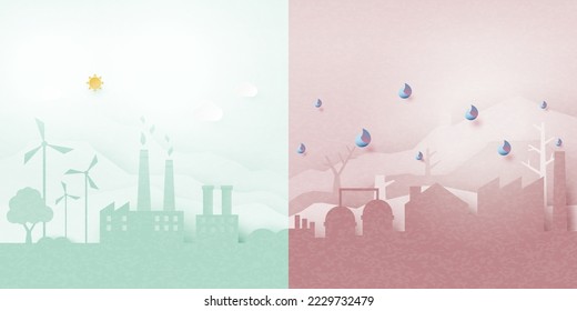Global warming and climate change concept.Pollution and green environment background.Paper art of ecology and environment concept.Vector illustration.