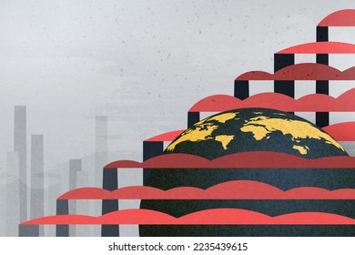 Global warming and climate change concept.Smoke from a factory chimney. CO2 and Air pollution in environment.Paper art vector illustration.