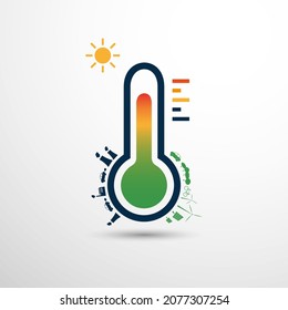 Calentamiento global, cambio climático, problemas ecológicos y soluciones - Energía verde frente a generación de energía altamente contaminante y obsoleta - Concepto de diseño de vectores planos con termómetro