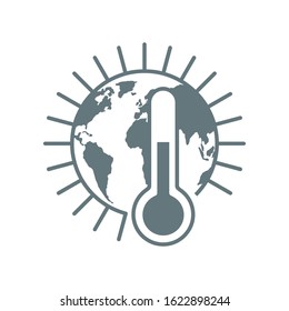 Global warming climate change icon - world temperature rising - combination of earth globe, sun and thermometer - isolated thin line eco emblem