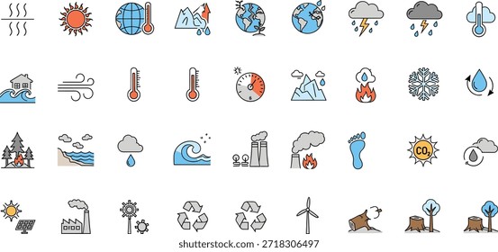 Global Warming and Climate Change Icon Set Featuring Environmental Issues Carbon Footprint Pollution Natural Disasters and Renewable Energy Solutions.eps
