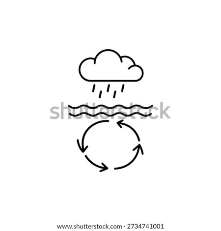Global warming climate change icon black and white line art showing water cycle evaporation and rainfall environmental concept vector illustration
